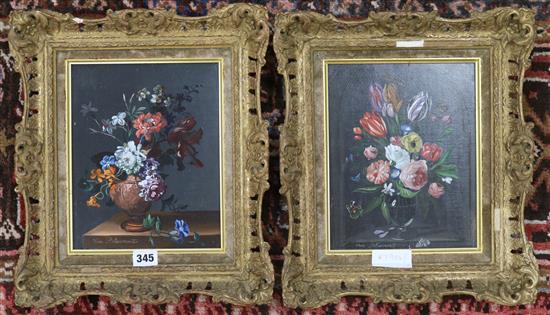 Van Bloemut, pair of oils on board, still lifes of flowers